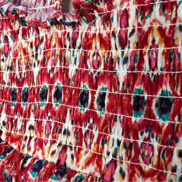 Rose & Olive Smocked Cap Sleeve Keyhole Back Western Print Boho Blouse SZ L - Picture 6 of 13